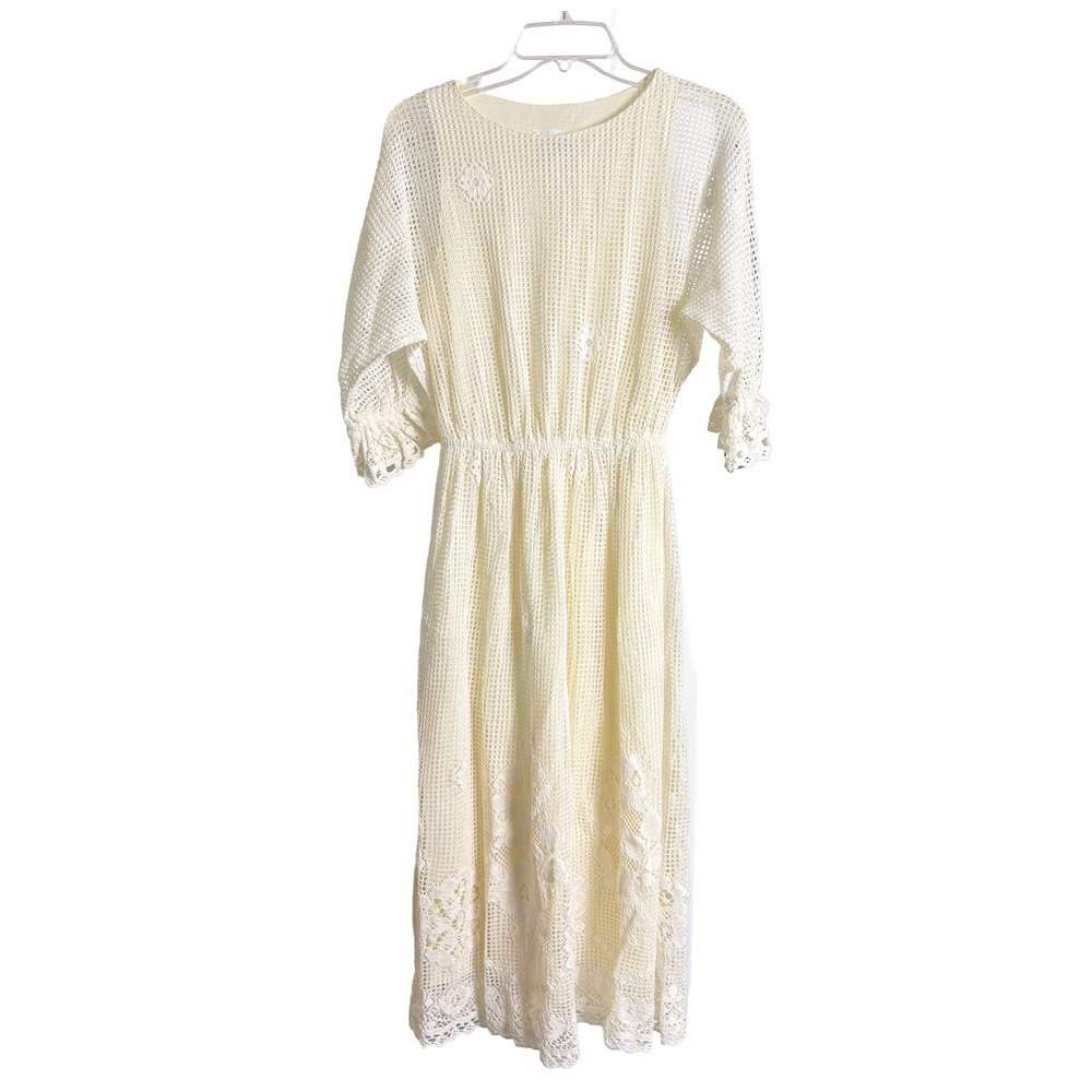 VTG Coco of California Crochet Lace Midi Dress Womens No Size Tag Ivory Lined